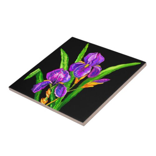 Purple Iris Flowers Ceramic Tile _ Choose Color