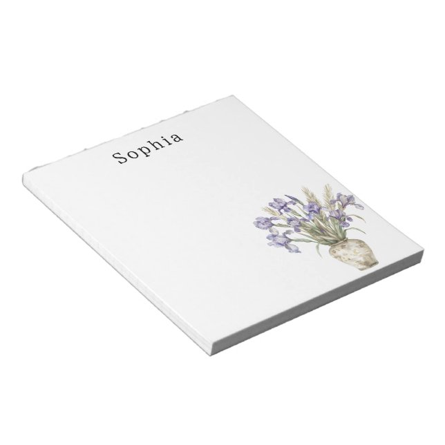 Purple Iris Flowers Vase Personalized Name Notepad (Angled)