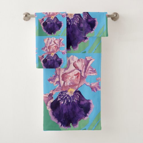 Purple Iris flowers Watercolor Teal Towel Set