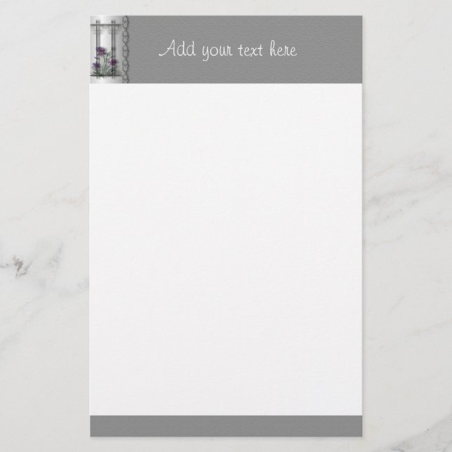 Purple Iris Garden Gate Stationery with Silver (Front)