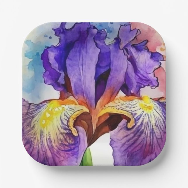 Purple Iris in Watercolor Paper Plates (Front)