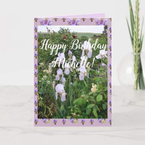 Purple Iris irises Garden Happy Birthday Name Card