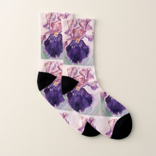 Purple Iris Irises Watercolour Painting floral Soc Socks