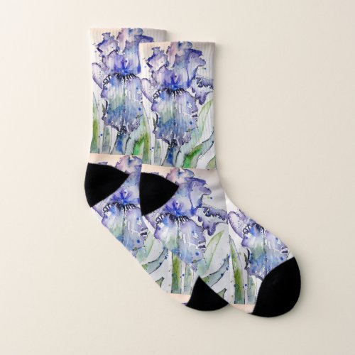 Purple Iris Irises Watercolour Painting floral Socks