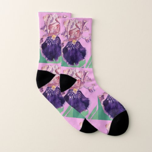 Purple Iris Irises Watercolour Painting floral Socks