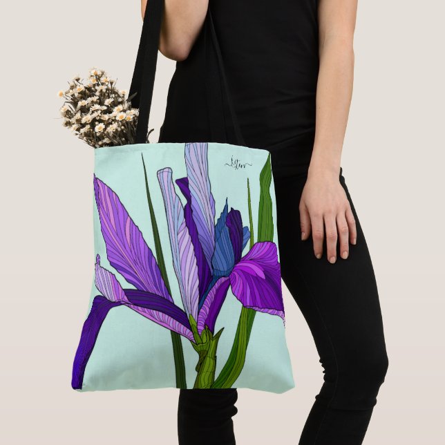 Purple Iris on Mint, Personalized Floral Tote Bag (Close Up)