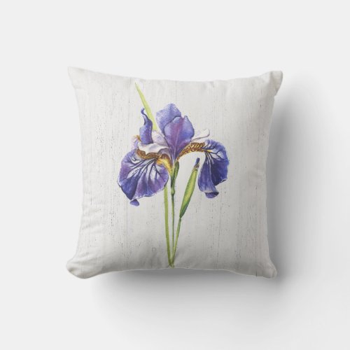 Purple Iris On Whitewashed Wood   Throw Pillow