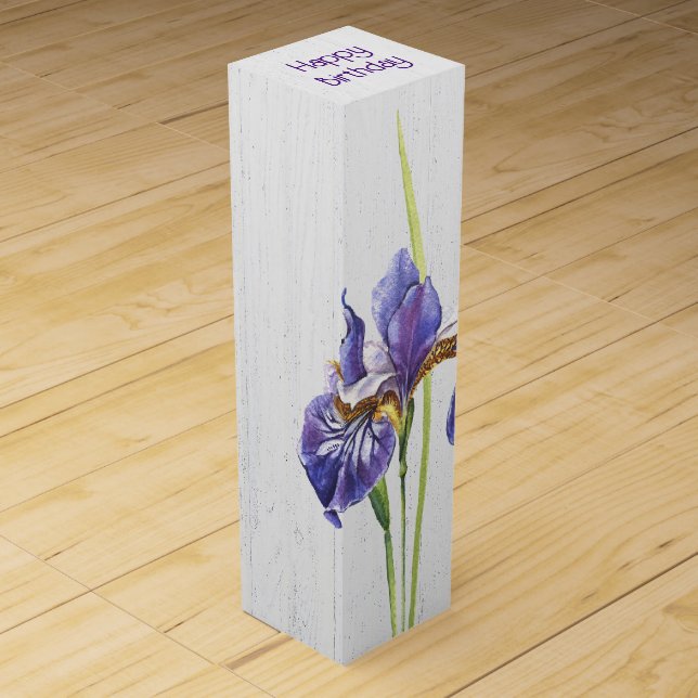 Purple Iris On Whitewashed Wood Wine Box (Front)