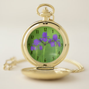Purple Iris Painting - Original Flower Art Pocket Watch