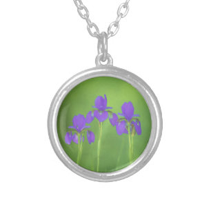Purple Iris Painting - Original Flower Art Silver Plated Necklace