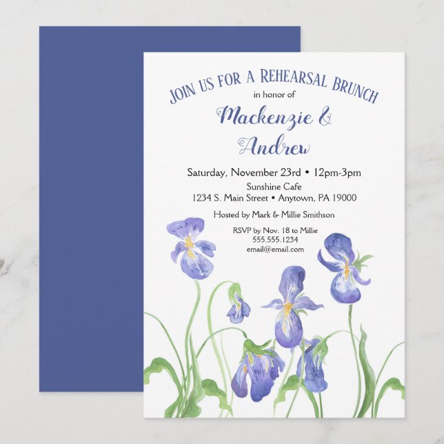 Purple Iris Rehearsal Brunch Invitation (Front/Back)