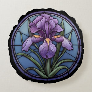 Purple Iris Stained Glass Round Pillow