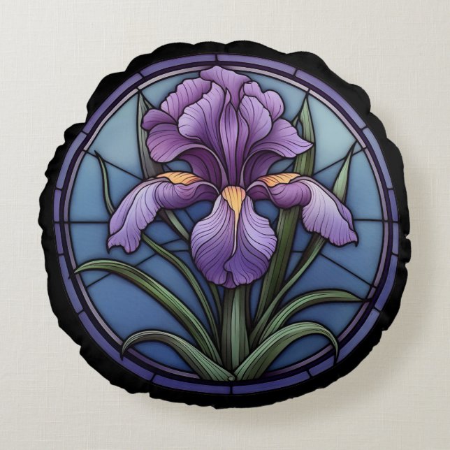 Purple Iris Stained Glass Round Pillow (Front)