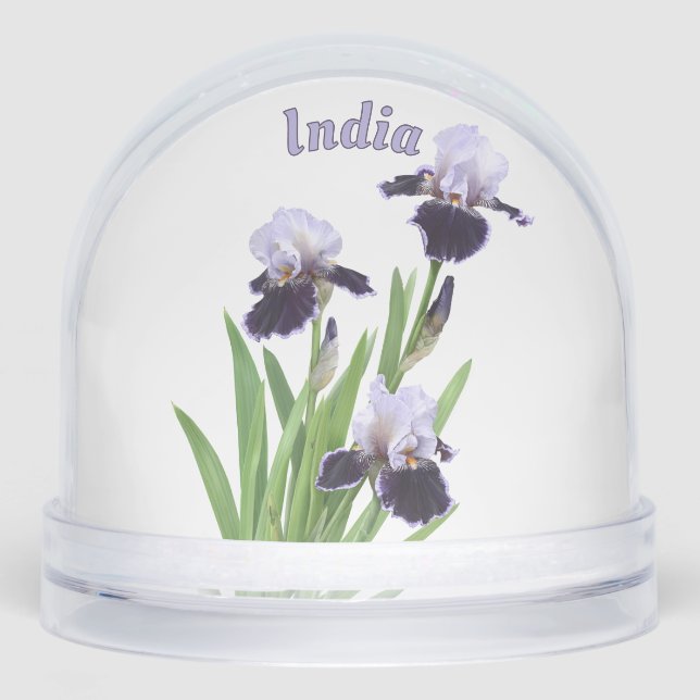 Purple Iris Trio Botanical Floral Art Personalized Snow Globe (Front)