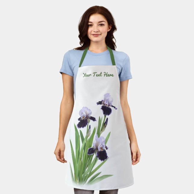 Purple Iris Trio Floral Botanical Personalized Apron (Worn)
