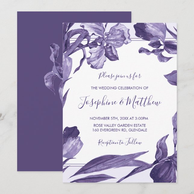 Purple Iris Watercolor Floral Botanical Wedding Invitation (Front/Back)