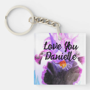 Purple Iris Watercolor Flower Floral Birthday Keychain