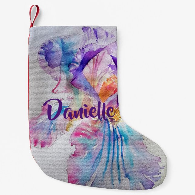 Purple Iris Watercolor Flower Floral Name Stocking (Front)