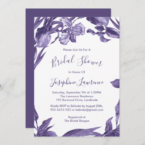 Purple Iris Watercolor Flowers Bridal Shower Invitation