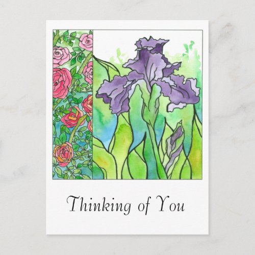 Purple Iris Watercolor Flowers Thinking of You Postcard