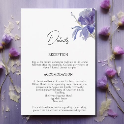 Purple Iris Watercolor Wedding Details Enclosure Card