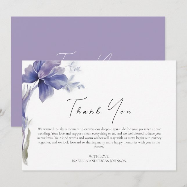 Purple Iris Watercolor Wedding  Thank You Card (Front/Back)