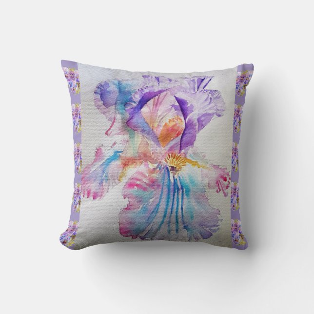 Purple Iris Watercolour floral lavender Cushion (Front)