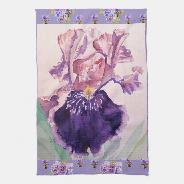 Purple Iris Watercolour Lavender Floral Flower  Kitchen Towel (Vertical)
