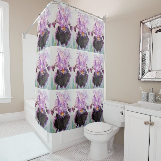 Purple Iris Watercolour Painting Shower Curtain (In Situ)