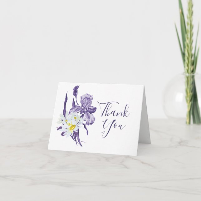 Purple Iris White Daisy Botanical Floral Wedding Thank You Card (Front)