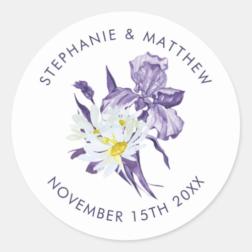 Purple Iris White Daisy Botanical Wedding Classic  Classic Round Sticker