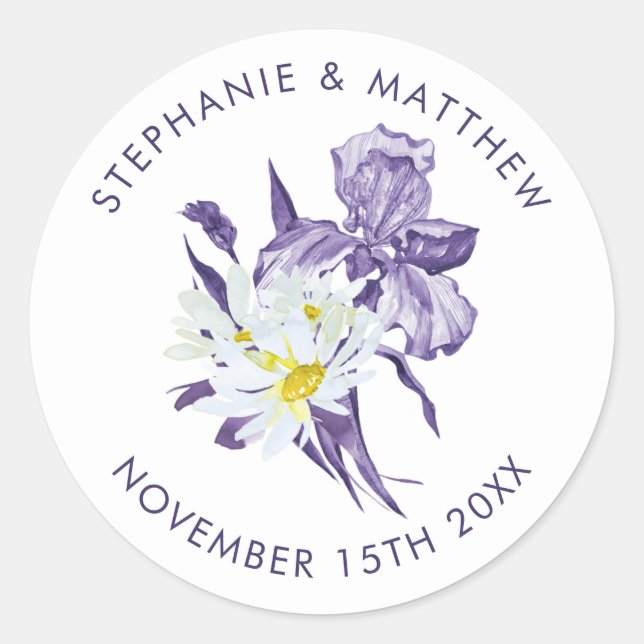 Purple Iris White Daisy Botanical Wedding Classic  Classic Round Sticker (Front)