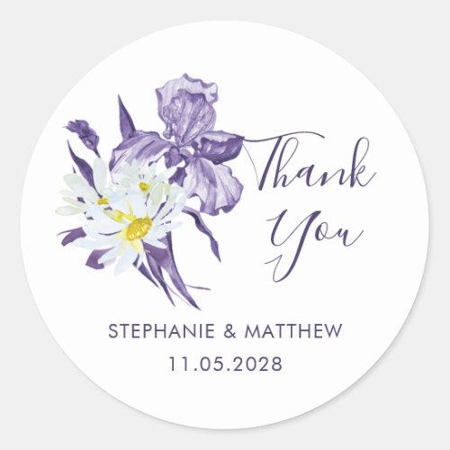 Purple Iris White Daisy Botanical Wedding Thanks Classic Round Sticker