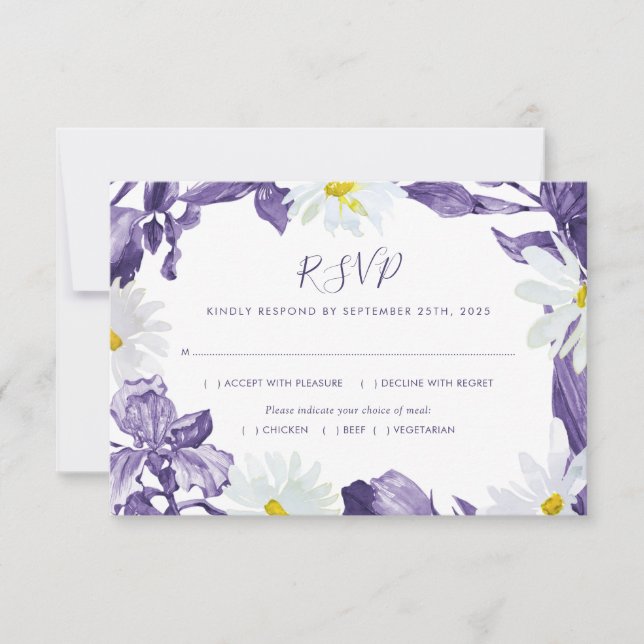 Purple Iris White Daisy Watercolor Botanical Meals RSVP Card (Front)