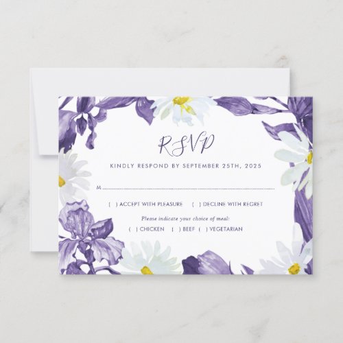 Purple Iris White Daisy Watercolor Botanical Meals RSVP Card