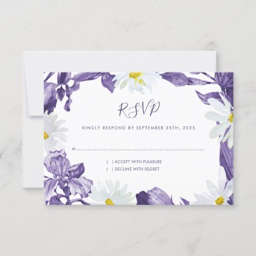 Purple Iris White Daisy Watercolor Botanical RSVP Card