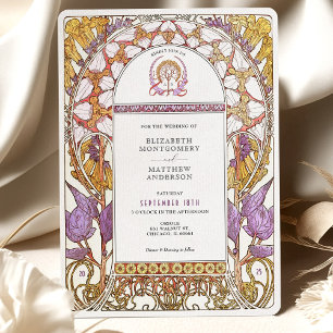 Purple Iris & Yellow Lily Art Nouveau Wedding Invitation
