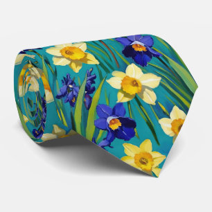 Purple Irises And Yellow Daffodils Teal Floral Neck Tie