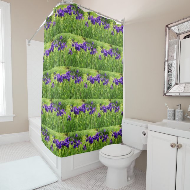Purple Irises Botanical Bathroom Shower Curtain (In Situ)