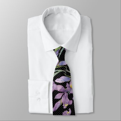Purple Irises Botanical Black White Polka Dots Neck Tie