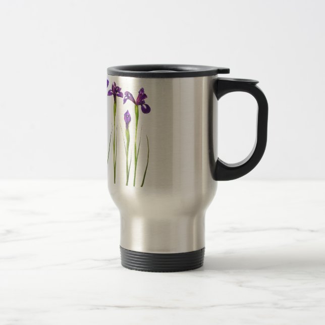 Purple irises isolated on a white background travel mug (Right)