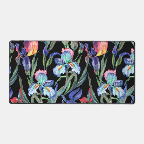 Purple Irises on Black Background Desk Mat