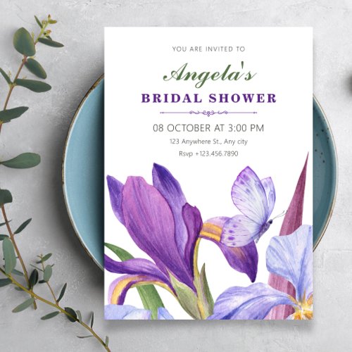 Purple isris floral bloom watercolor bridal shower invitation