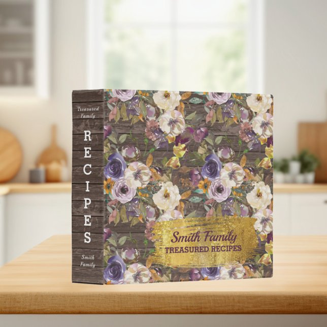 Purple Ivory Cream Floral Rustic Wood Recipe 3 Ring Binder (Creator Uploaded)