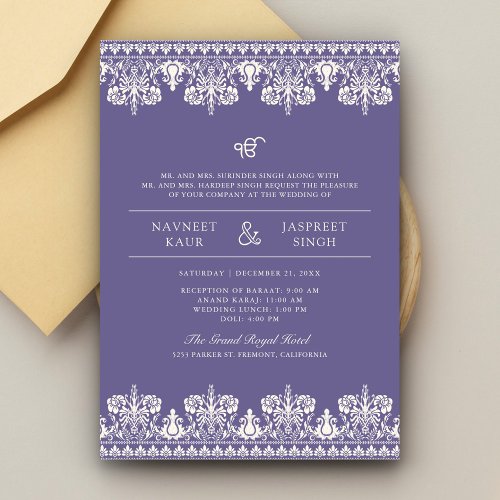 Purple Ivory Damask Anand Karaj Sikh Wedding Invitation