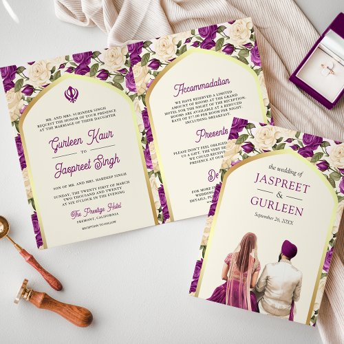 Purple Ivory Floral All in One Sikh Wedding Invitation