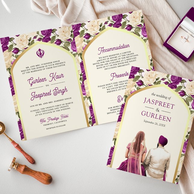 Purple Ivory Floral All in One Sikh Wedding Invitation (Creator Uploaded)