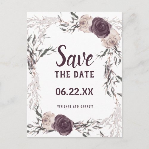 Purple Ivory Floral Photo Wedding Save the Date Postcard
