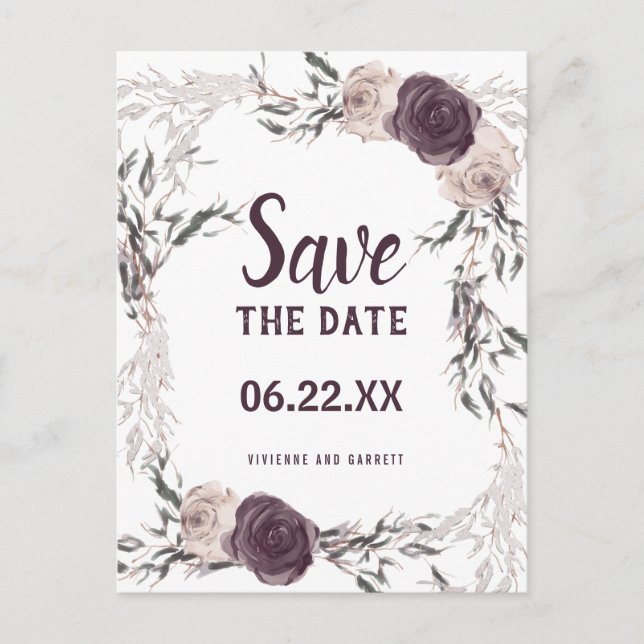 Purple Ivory Floral Photo Wedding Save the Date Postcard (Front)