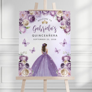 Purple Ivory Floral Princess Quinceañera Welcome Foam Board